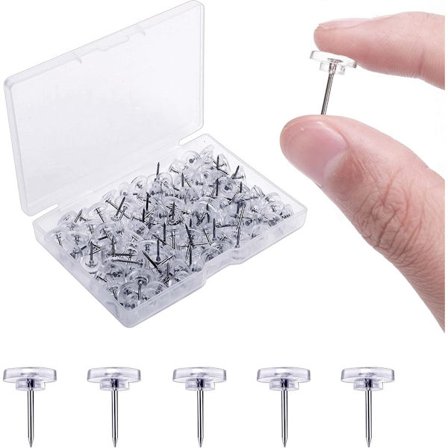 Häftstift - Set med 100 häftstift - Återanvändbara - För anslagstavla, memotavla eller världskarta - Lätta att bära - Transparenta - Verktyg för 