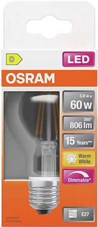 OSRAM Led Lyspære E27 Classic A60 806lm klar Dimbar Varmhvit