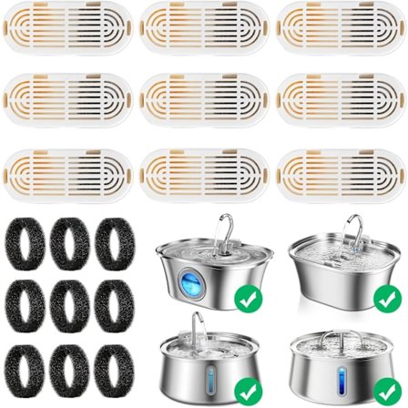 Reservedeler for 108oz/3.2L Vannfontene i Rustfritt Stål for Katt, Ultralyd Stille Vannfontene for Katt og Hund, 9 Pakker Filter og 9 Svamper