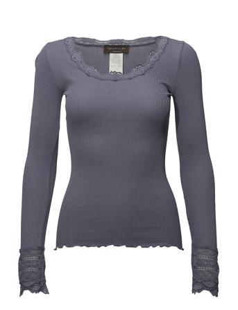 Silk T-Shirt W/ Lace T-shirts & Tops Long-sleeved Blå Rosemunde