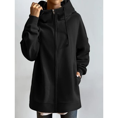 Yksivärinen rento urheilullinen vetoketjullinen huppari, pitkähihainen kiristysnyörillinen huppari, naisten urheilulliset collegepaidat