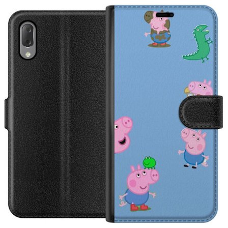 Yhteensopiva Lompakkokotelo Sony Xperia L3 Peppa Pig kasvomalli vaaleansinisellä pohjalla, toistuva leikkisä lasten motiivi Greeta Possulla