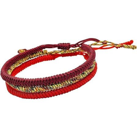 Håndlaget tibetansk buddhistisk lykkeknute armbånd (sett med 3 - rød,