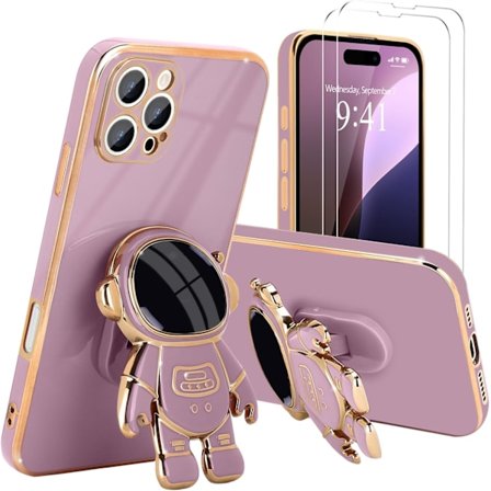 Til iPhone 16 Promax Cover, Sød 3D Astronaut Stand med [2 Skærmbeskyttere] [Kamerabeskyttelse] Støtteben Stødsikker Bling Silikone
