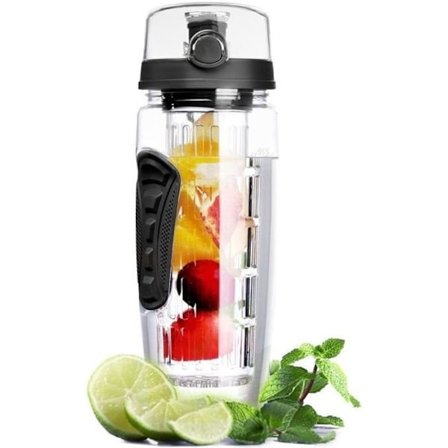 Fruktinfusjonsflaske med isolert, kondenssikker mansjett og lang infusor - 1 liter - Svart