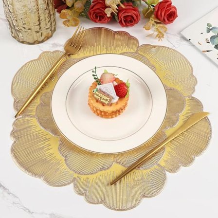 Sæt med 8, Guldfarvede runde dækkeservietter til spisebord Presset vinyl Metallisk blomsterbordmåtter Vaskbare og aftørrelige dækkeservietter til 