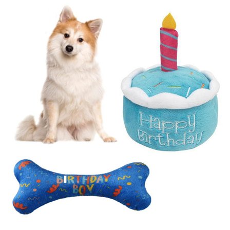 Fødselsdagskage Legetøj til Hunde - Pibende Hundelegetøj - Plys Pibende Legetøj til Fødselsdage - Fødselsdagsgave til Kæledyr (Blå)