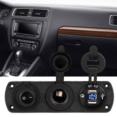 Lanqi 12V cigarettænderstik + dobbelt USB-strømlader + uafhængig kontakt med blåt LED-lys