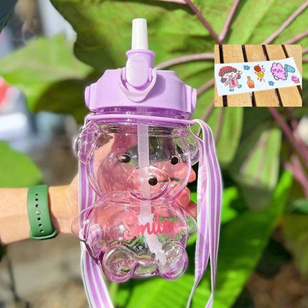 1000ml dricksflaska, söta björnvattenflaskor, stor dricksflaska med sugrör och rem (lila)