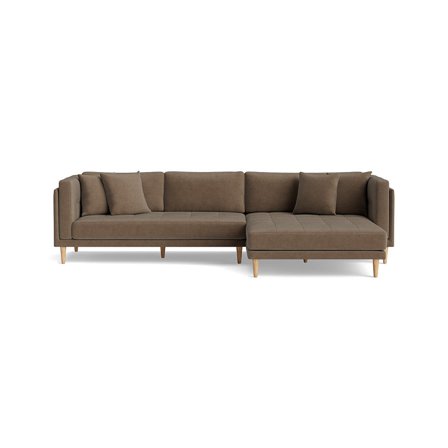 Cali Chaiselong Sofa, Højrevendt - Ontario Brun, Bred Chaiselong, 295x170x76cm - Inkl. Pyntepuder & Bøgetræsben - Minimalistisk Design