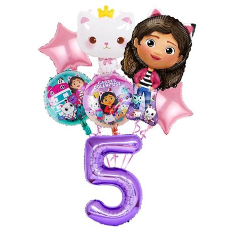 Gabby Dollhouse Födelsedagsfest Tillbehör: Rosa Gabby Katt-muggar, tallrikar, servetter, ballonger, bakgrund-FA-