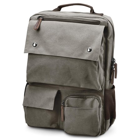 Metallic Grey Canvas & Brown Leather Compact Backpack for Men - Backpacks