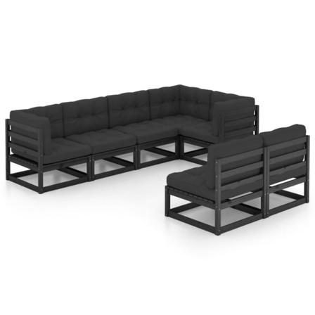 Vidaxl Loungegrupp För Trädgården Med Dynor 7 Delar Massiv Furu Svart