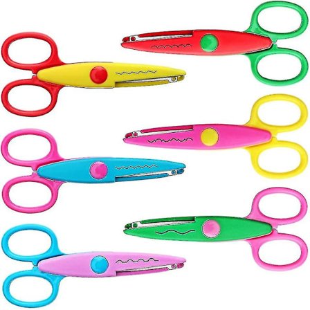 Håndverkssaks med dekorativ kant, ABS-harpiks utklippssaks med 6 mønstre, trygt for barn, jevn kutting, sett med 6, morsomme farger