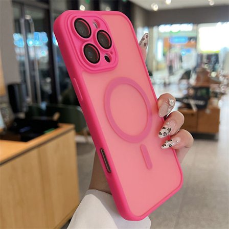 Magnetisk etui til iPhone 16 Pro Max med fuld kamerabeskyttelse [MagSafe-kompatibel] [Transparent mat] Beskyttende telefonetui, Hot Pink Red