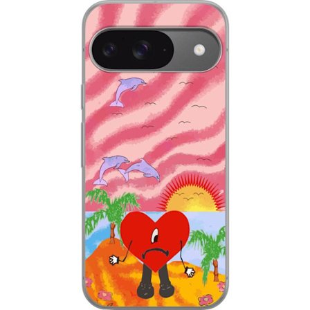 Yhteensopiva Puhelinkuori Google Pixel 9 Pro Bad Bunny värikkäässä tikatussa takissa sydänkuvioilla ja aurinkolaseilla modernissa katutyylissä