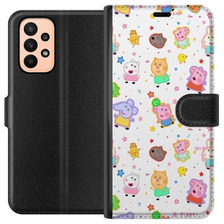 Yhteensopiva Lompakkokotelo Samsung Galaxy A23 Värikkäät piirretyt eläinhahmot leikkisässä tyylissä tähtien ja pisteiden kera vaalealla taustalla