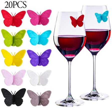 20 stk. 3D Sommerfugl Vinglas Markører: Farverige Silikone Vincharm til Stilkglas – Perfekte Drikkevare Identifikatorer til Bryllupper,