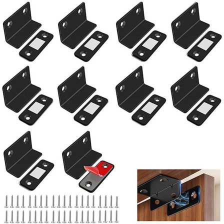 Magnetiska dörrspärrar - 10-delars set - L-formade magnetiska dörrlås - självhäftande/med hål - lämpliga för köksskåpsdörrar/garderobsdörrar