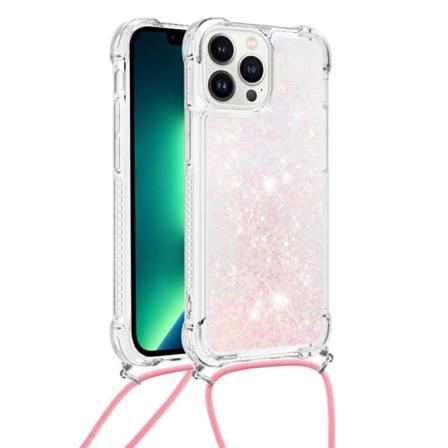 Iphone 14 Pro Max Kvicksand Glitter Mobilhalsband - Rosa Rosa