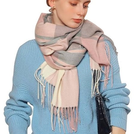 Vinterhalstørklæde til damer, langt blødt varmt, spinnende frynser, ternede tartan-tørklæder, plaid, julegaver til damer kvinder piger (rosa blå)