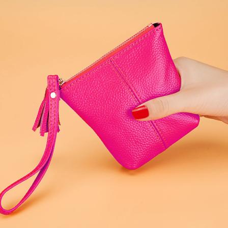 Korthållare med dragkedja i läder, kvinnlig tofs, miniväska Enkel mini enfärgad kohud Pink
