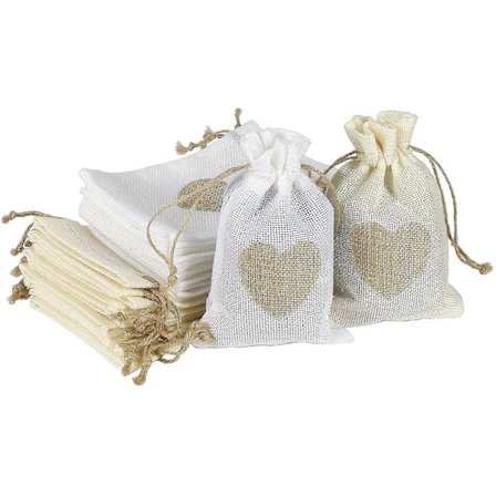 Små Gaveposer med Hjerte, 20 Stykker og 2 Farger Jute Poser, Små Poser for Gaver