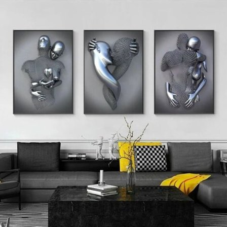 Art Modern Poster Set of 3 - 3D Metal Figure Statue Art Love Heart Kiss Pictures Wall Art Decoration - Without Frame - Wall Decoration Wall Living R
