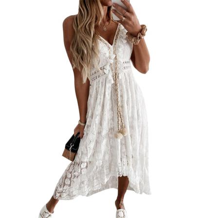 Sommar V-neck Spets Asymmetrisk Klänning Kvinnor Mai Sexig Hollow Out