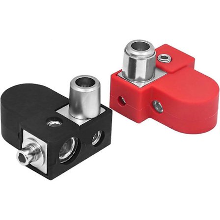 Batteripoler i massiv mässing, positiv och negativ, med adapterhylsor, 1X0/2/4 Gauge & 1X4/8 Gauge-utgångar, toppmonterad eller sidomonterad strömring