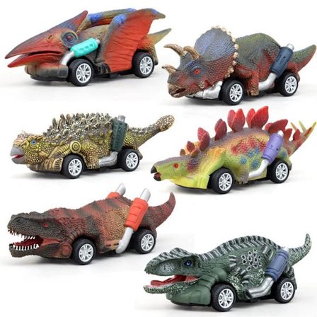 6 stk. dinosaur lekebiler i eske, Tyrannosaurus Rex modell, barneleke med inerti, motstandsdyktig mot fall