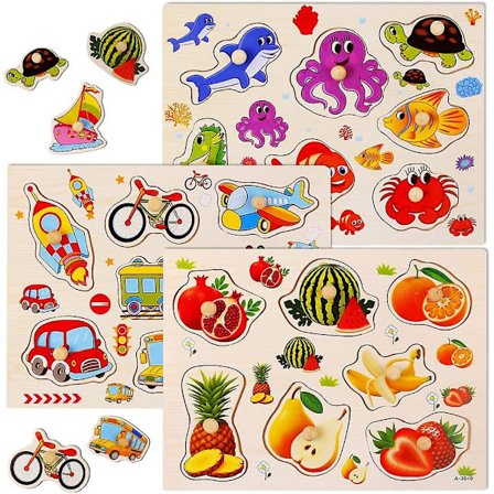 Puslespil til småbørn, træpuslespil med knopper til småbørn, 3-pak havverden, transportmidler, frugtpuslespil til børn 3-6 år, tidlig pædagogisk 