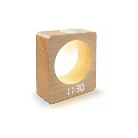 Massivt træ (bøg) LED digitalt vækkeur med natlys, 3 alarmindstillinger, temperaturmåling