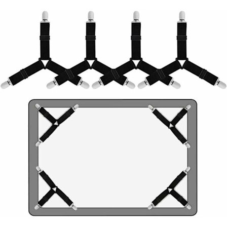 Set med 4 triangulära elastiska band med klämmor för lakan, madrasskydd, soffkuddar