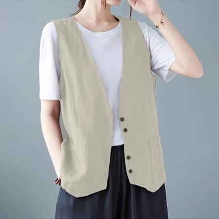 Piger Solid Farve Trendy Cool Hip Pop Ærmeløs Bomuld Linned Vest Knaplås V-Hals Vest Jakke Alsidig Og Daglig Light Gray XXL