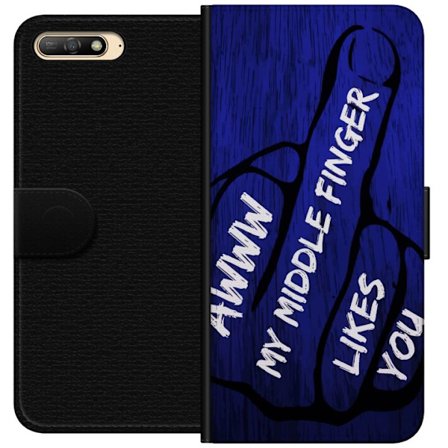 Kompatibelt Lommeboketui til Huawei Y6 (2018) Mørk typografisk illustrasjon med hjerteform og budskap om vennskap mot dyp blå tretekstur