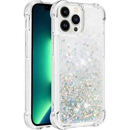 iPhone 13 Pro Max Cover, Glitrende Glimmer Flydende Væske Transparent Blød TPU Silikone Beskyttende Stødsikker, Sølv