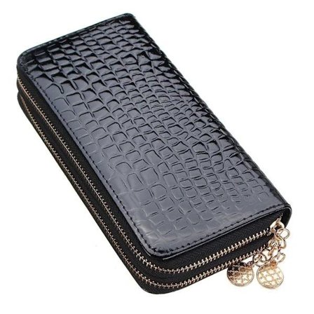 Lang Dame Dobbelt Lynlås Pung Damer, Elegant Håndtaske Stor Pung Pige Sort