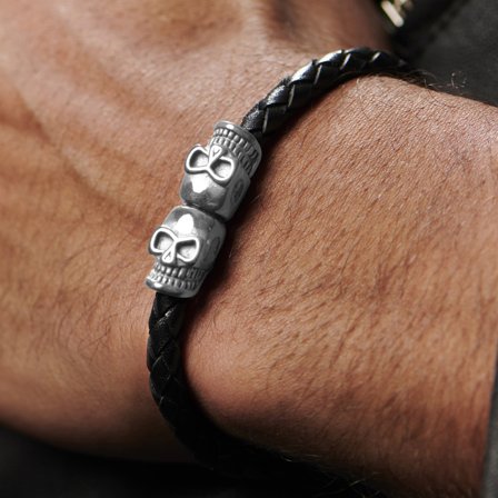 Silver-Tone Skull Leather Bracelet for Men - Braided Bracelets