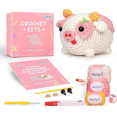 Hæklet Sæt til Begyndere, Komplett DIY Sæt med Dyr med 40%+ Forstartet Tapegarn Trin-for-Trin Videovejledninger til Voksne og Børn (Fluffy Ko)