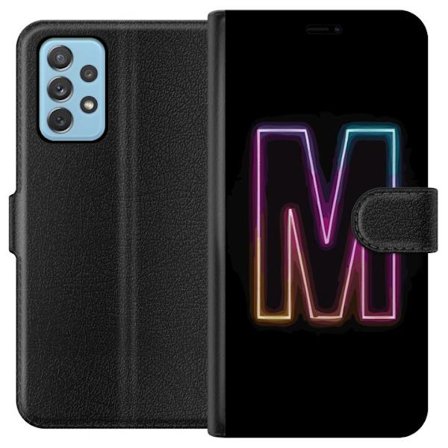 Kompatibelt Lommeboketui til Samsung Galaxy A52 5G Neonbokstav M med fargeskiftende lys effekt mot svart bakgrunn, moderne minimalistisk typografi med