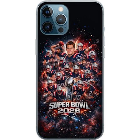 Yhteensopiva Puhelinkuori Apple iPhone 12 Pro Max Super Bowl 2026 juliste, jossa New England Patriots ja NFL-mestaruuspalkinto räjähtävän urheilullise