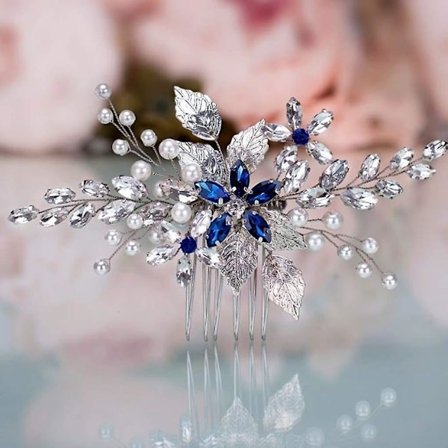 Wedding Hair Comb Blue Rhinestone Bridal Hair Accessories For Bride And Bridesmaids Wedding Hair Piece Silver