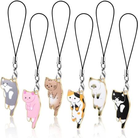 6 stk. kattecharms til mobiltelefon Kawaii mobiltelefon charm strop sød hængende kat rygsæk pung nøglering hængende tilbehør
