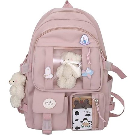 Kawaii Skolryggsäck för Flickor Söt Estetisk Ryggsäck Skolryggsäck med Nål och Tillbehör