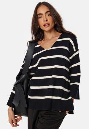 VERO MODA Vmsaba 3/4 V-neck stripe pullover S Black Stripes: BIRCH Strikkede trøjer Dam