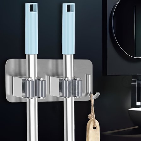 2 stk. selvklebende rustfritt stål 2-stativ med 1 krok, kraftig kost- og moppholder for hjem, kjøkken, hage og vaskerom (sølv)