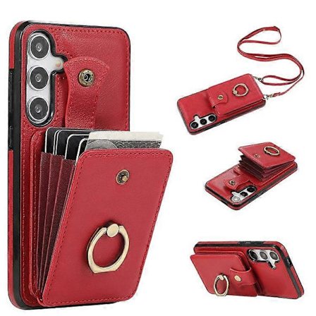 Kompatibel med Samsung Galaxy A36 5G Deksel Kortholder Ring Stativ TPU + PU Lær Telefondeksel med Lang Stropp [DB]