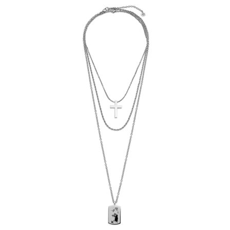 Zilverkleurige Gelaagde Kettingset met Touw-, Kruis en Wereldkaart-ketting voor mannen - Stalen kettingen