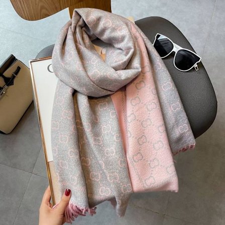 Faux cashmere varmt skjerf med dusker, geometrisk sjal/halsvarmer, lys grå-rosa